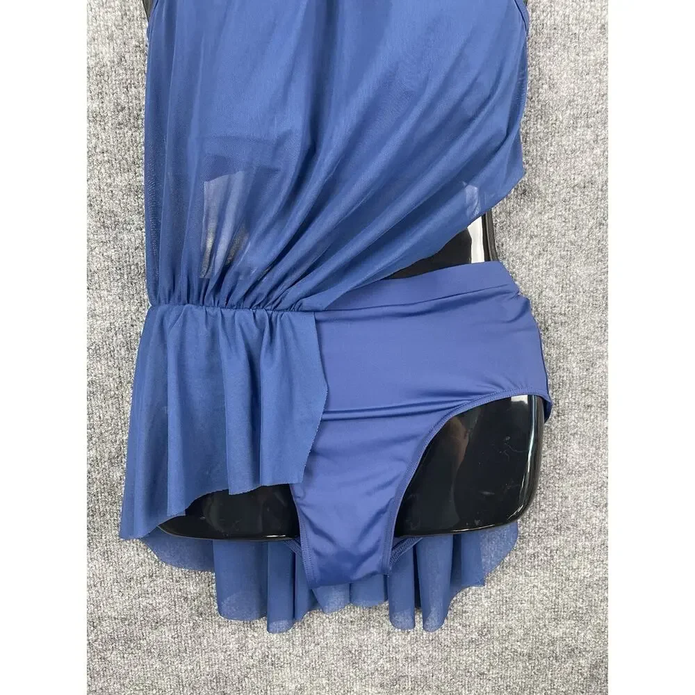 Balera Gathered Power Mesh Lyrical Dance Leotard in navy blue. Medium - Picture 3 of 10